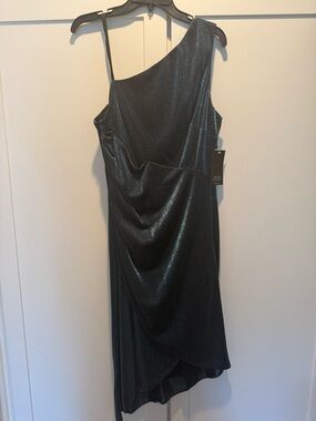 Teal Blue Size 12 One-Shoulder Black Shimmer Evening Dress